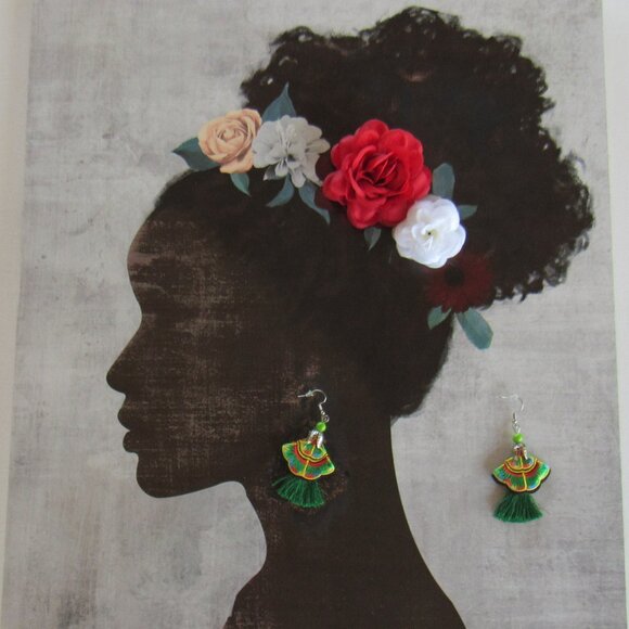 Peruvian Dangle Hoop & Mexican Floral Tassel Embroidered Dangle Earrings 3 Set - Picture 6 of 10